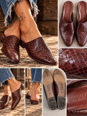 Enzo Angiolini Brown Woven Leather Mule Loafers Size 6